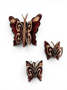 Vintage 50s Matisse Enamel Copper Butterfly Brooch Set in Deep Red